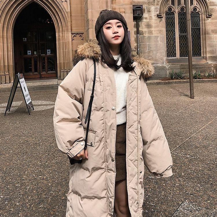 Women's Mid-length Padded Coat Loose and Thick Fluffy Big Fur Collar Down Coat Over-knee Padded Jacket Bread Coat Winter Thick Warm Coat