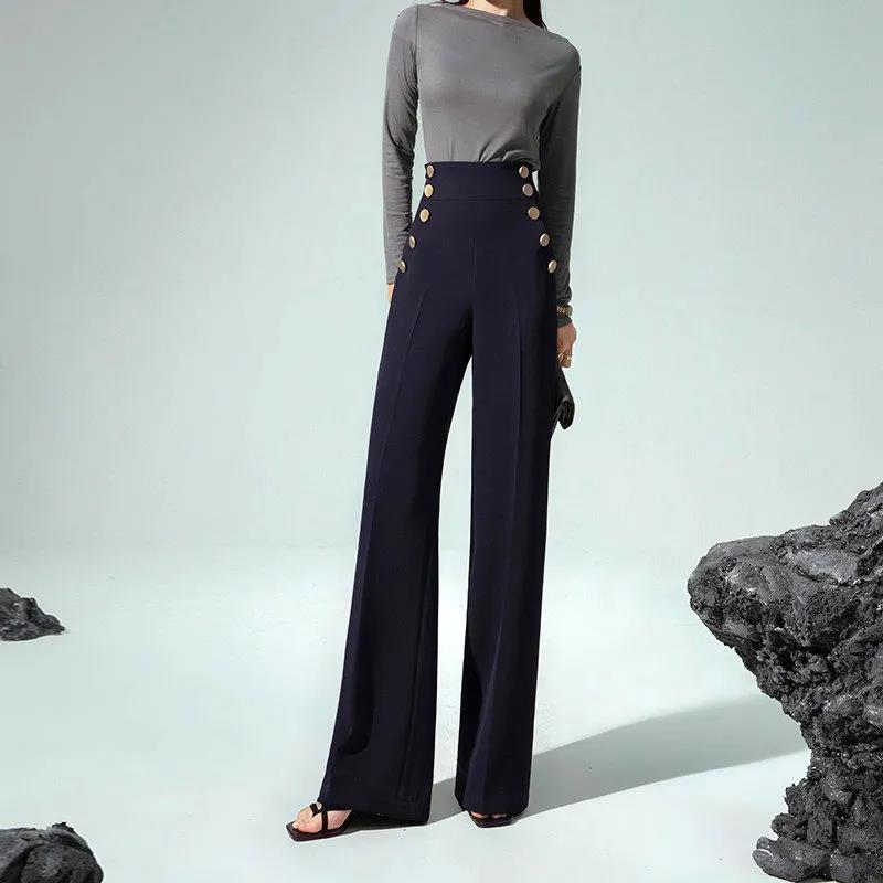 High-end Plus Velvet Ultra-high Waist Wide-leg Pants Autumn and Winter Trousers Drape Straight-leg Pants Double-breasted Slimming Suit Pants Women