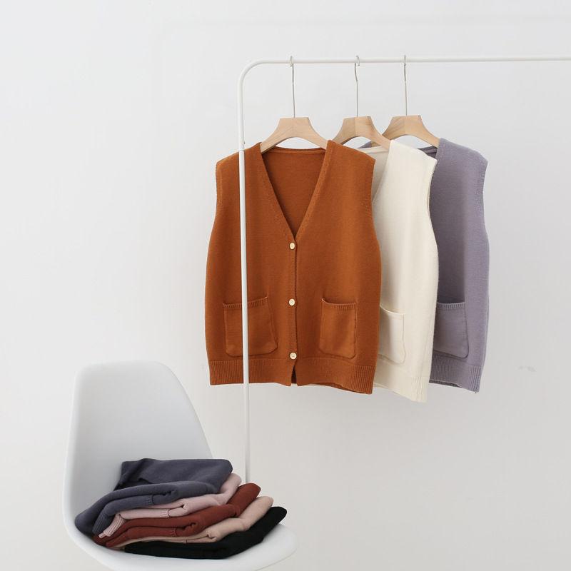 Knitted Vest Women Short Korean Version of Loose V-neck Pocket Sleeveless Wool Vest Cardigan Women Jacket Spring Autumn