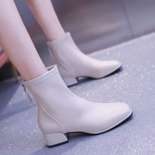 Thick Heel Martin Boots Spring and Autumn Single Boots Middle Heel Soft Leather Women's High Top Small Leather Shoes Short Boots