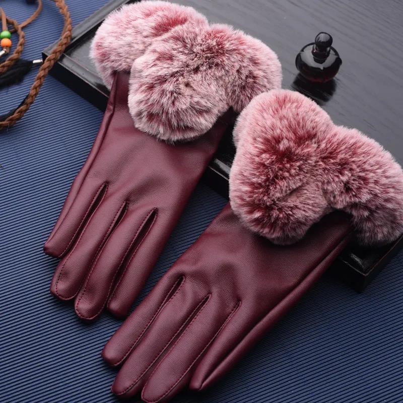 Winter Women's Leather Gloves for Cold and Warm Fashion Soft Burr Plus Velvet Thick Touch Screen Gloves