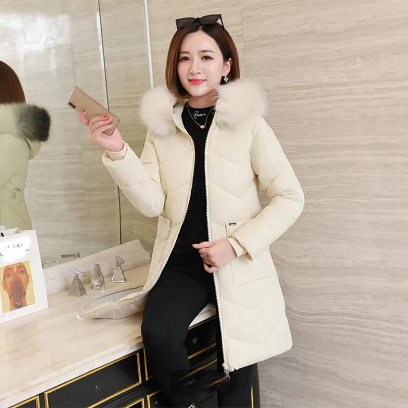 Women's Solid Color Down Jacket Mid-length Korean Loose Thick Coat Warm Cotton Coat Big Fur Collar Winter Clothes Quilted Coat