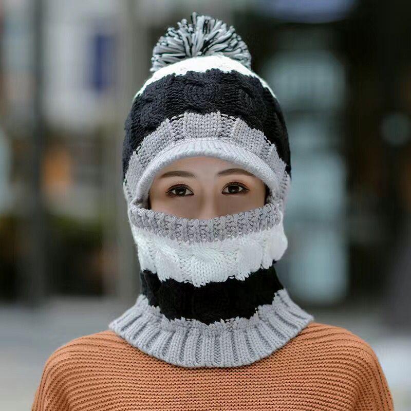 Autumn and Winter New Women's Cotton Hat Knitted Hat Warm and Velvet Thick Woolen Hat Windproof Cycling One-piece Hat