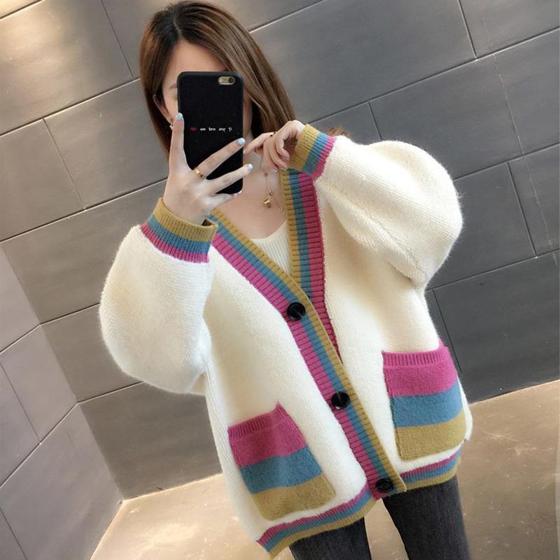 Women's Sweater Coat Autumn and Winter Color Matching Sweater Cardigan Loose and Lazy Wind Mid-length Knitted Cardigan Top