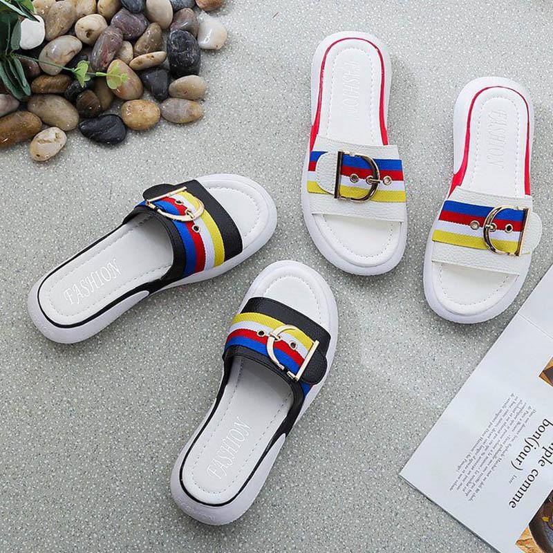 Plus Size 35-40 Summer Women PU Slippers Outdoor Flat Bohemian Beach Wear-resistant Non-slip Office Lady Stripe Sports Sandals