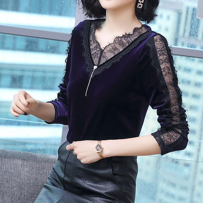 Autumn Spring Women Blouse Velvet T-shirts Tops Vintage Long-sleeved Lace V-neck Casual Loose Ladies Tops Female Clothes