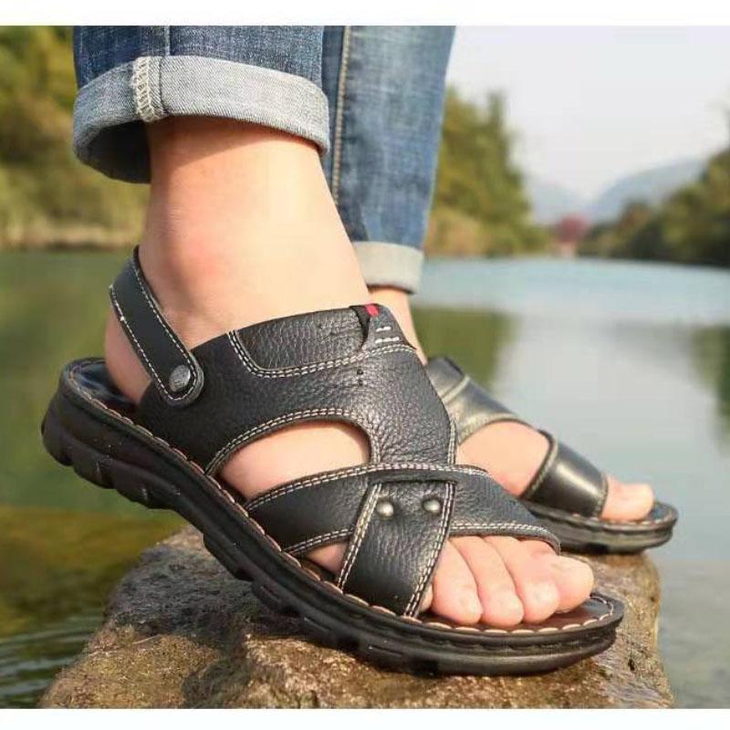 Spring Summer Men's Sandals Soft Leather Sandals Leather Beach Shoes Casual Men's Shoes Thick-soled Slippers