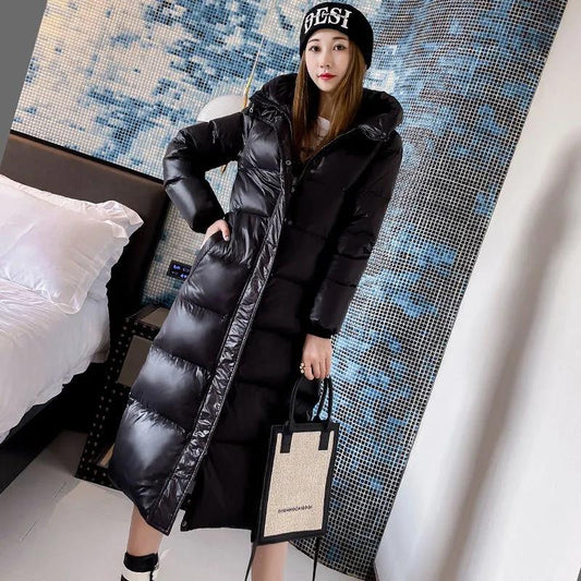 Down Cotton Jacket Winter Thicken Warm Loose Fashion Color Glossy Disposable Stand Collar Mid-length Cotton Jacket Women