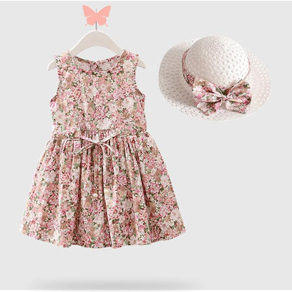 2PCS/Set Girls Dress +Hat Cotton Comfortable Children's Dress Summer Dress Floral Girls' Sleeveless Dress For Children