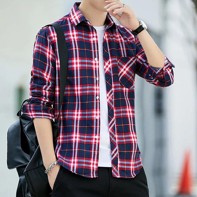 Men's Plaid Shirts Long Sleeve Trend Slim Shirts Youth Handsome All-match Lapel Shirts Men's Business Tops Inner Shirts