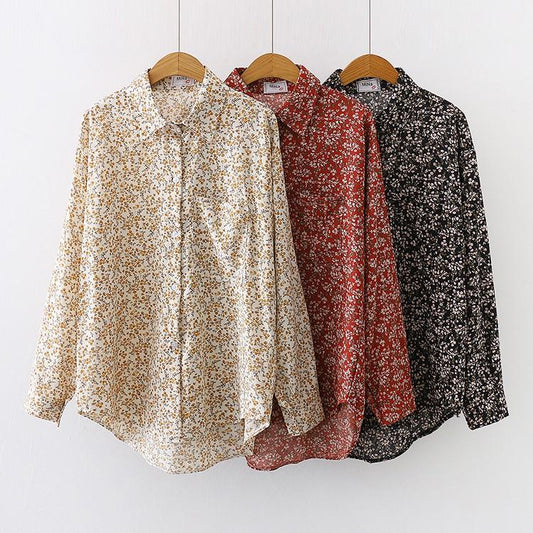 Spring Women Vintage Loose Letter Floral Shirt Long Sleeve Button Up Chiffon Blouse Turn-Down Collar Autumn Casual Tops