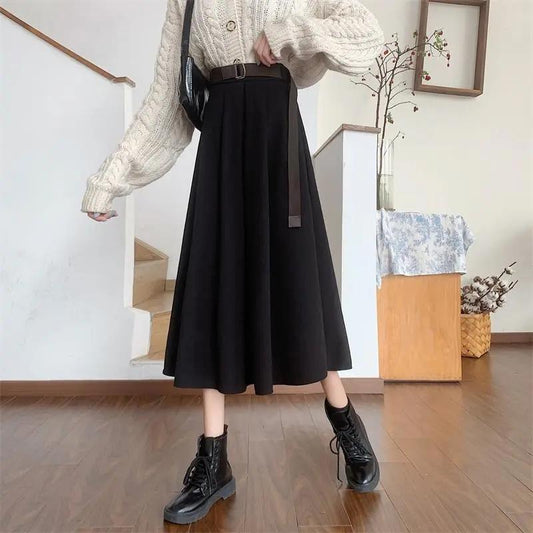 Skirts Womens Black A-line Skirt Spring Summer High Waist Pleated Skirt Female Solid Color Mid-length Skirt with Sashes