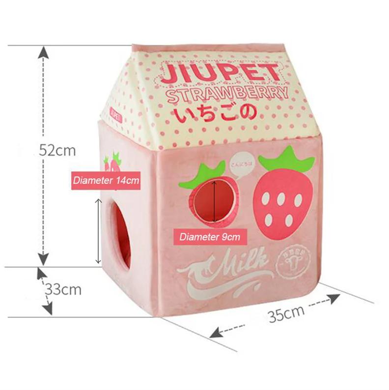 Foldable Cute Pet Cat Bed House Strawberry Banana Milk Box Cat House Winter Warm Plush Soft Cave Cat Kitten Kennel Pet Supplies