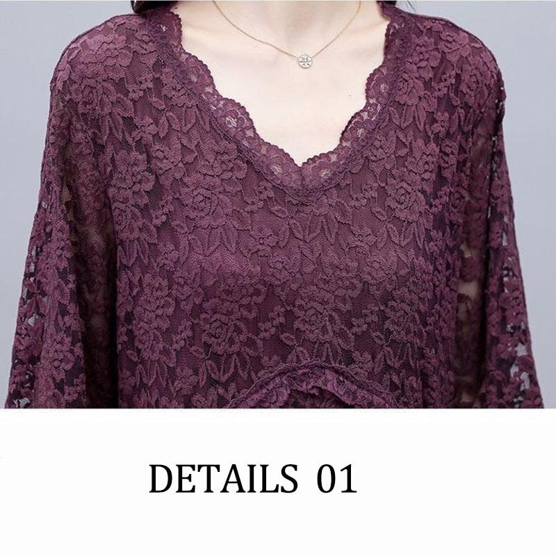 Women Solid Color Lace Long Sleeve V-neck Dress Spring and Autumn Large Size Loose Knee-length Size M-XXXXXL