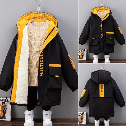 Boys Plus Fleece Padded Jacket Autumn and Winter Quilted Big Boy Handsome Mid-length Cotton Coat Children's Warm Windbreaker Jackets