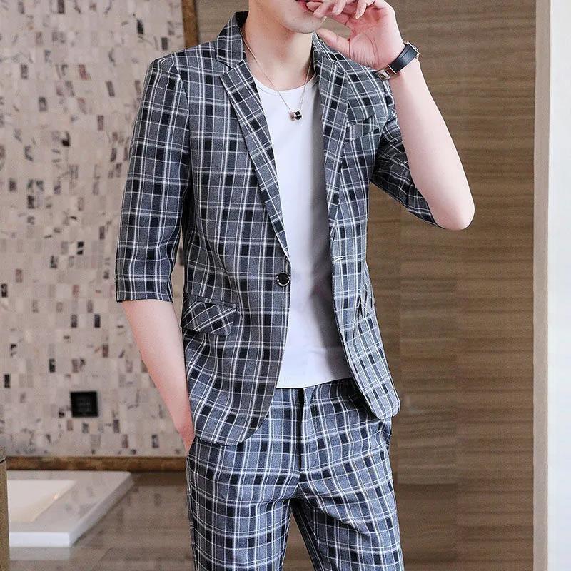 Men's Suit Three-quarter Sleeves Summer Thin Slim Half-sleeved Suit Men's Jacket Fashion Three-piece Men's Trend