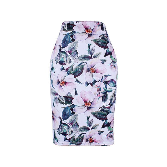 Female Vintage Floral Print Holiday Skirt High-waist Bag Hip Slim Knee-length Elegant Casual Skirt