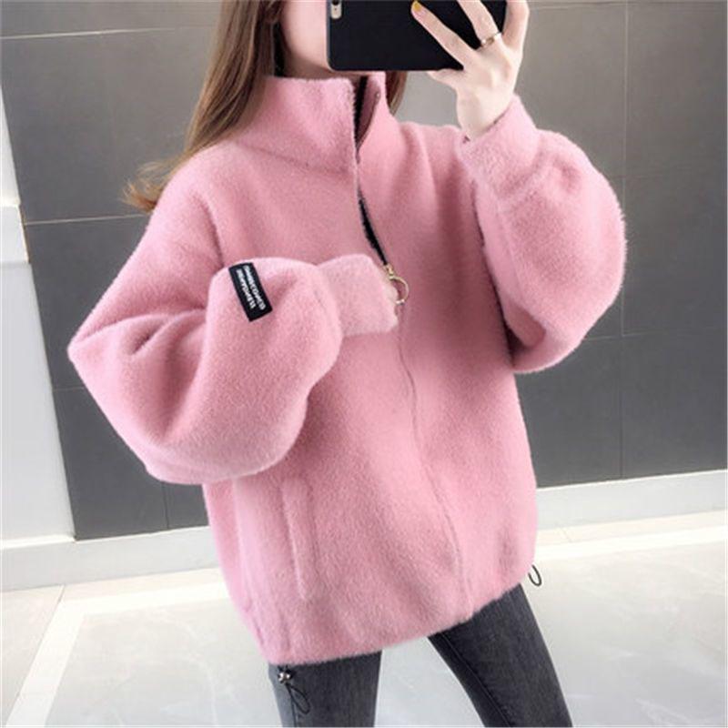 Autumn and Winter Mohair Loose Coat Short Knit Cardigan Tops Solid Color High Neck Women's Coat