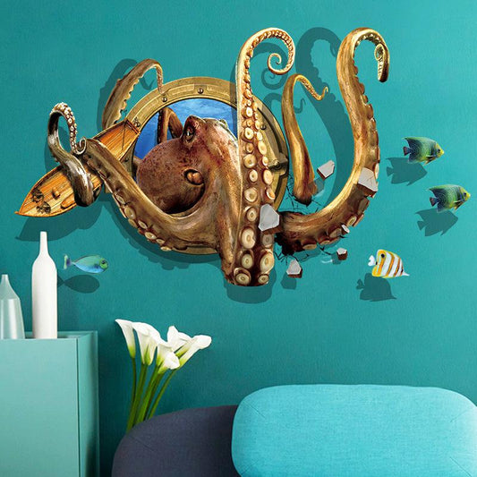 Deep sea octopus 3D stereo wall stickers bedroom living room study background decoration