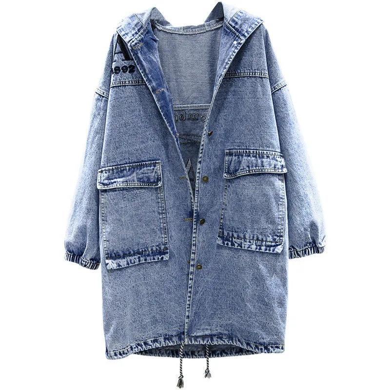 Plus Size Women's Loose Hooded Casual Embroidered Windbreaker Denim Jacket Women's Long-sleeved Warm Long Jacket