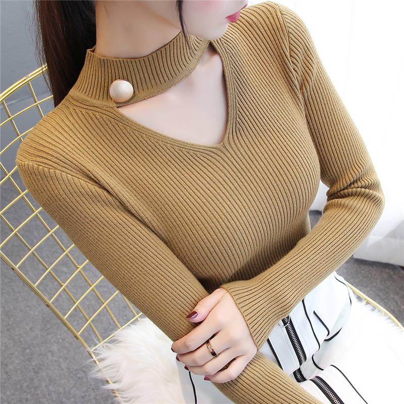 Women Sweater Pullover Basic Rib Knitted Cotton Tops Solid Essential Jumper Long Sleeve Sweaters