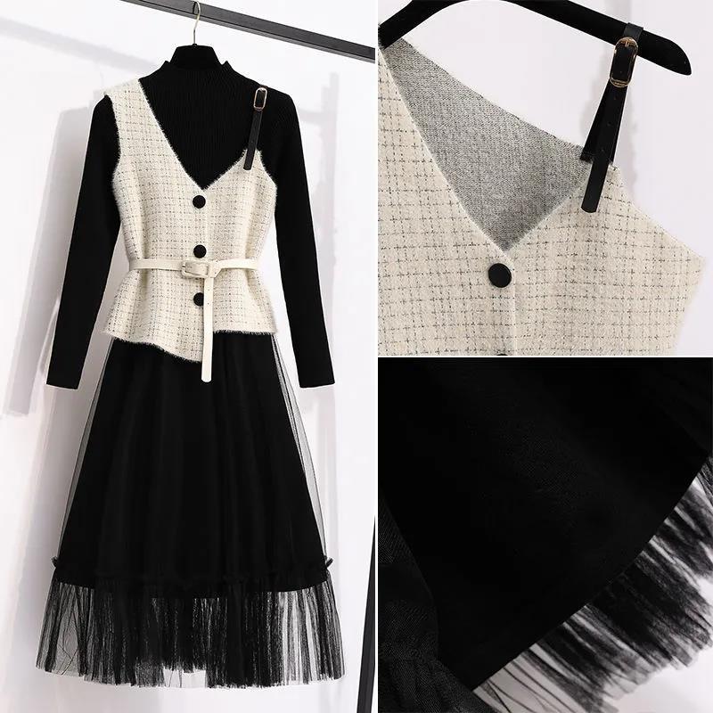 Base Dress Spring and Autumn Women's Dress Two-piece Suit Suspenders Small Black Dress with A Long Skirt and Elegant Temperament