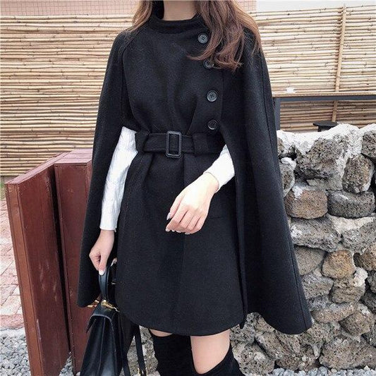 Korean New Style Solid Color Loose Cape Coat Collect Waist Woolen Medium Long Coat Women Winter Tops For Woman