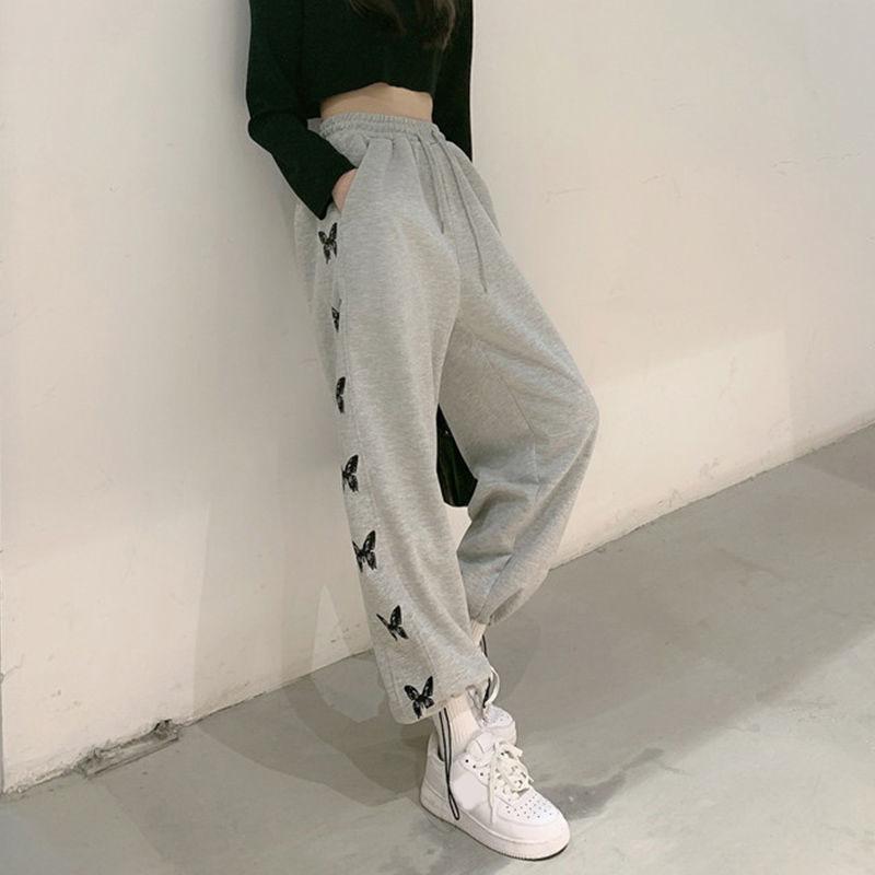 Gray Sweatpants Loose-fitting Pants fleece Autumn and Winter Korean Style High-waist Casual Pants Thin Trousers Women's Trend