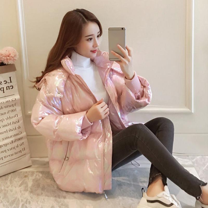 Women's Shiny Short Down Jacket Winter Korean Style Loose Quilted Jacket Casual Stand-collar Padded Jacket