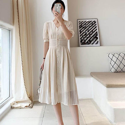 Pofulove Women Vintage V-neck Button Chiffon Dress Slim Fit Short Sleeve Sexy Dress Long Dresses