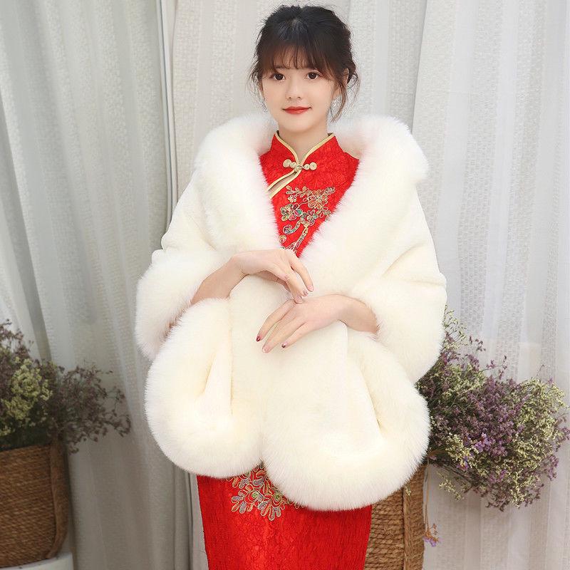 Autumn Winter Faux Fur Shawl Coat Women's Cheongsam Wedding Capes with  Slim Fit  Faux Fox Fur Warm Shawls and Wraps