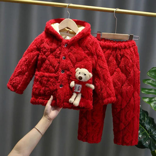 Winter Children's Pajamas Three-layer Thickened Cotton Jacket Baby Boys and Girls Big Children's Coral Velvet Warm Home Suit