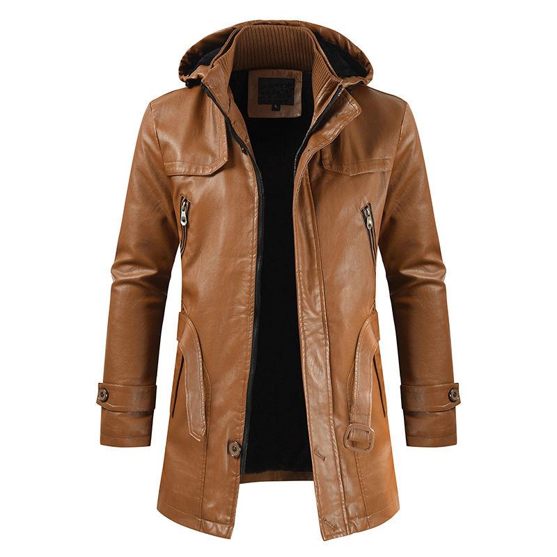 Men's Casual Fashion Mid-length PU Leather Hooded Slim Youth Motorcycle Leather Jacket