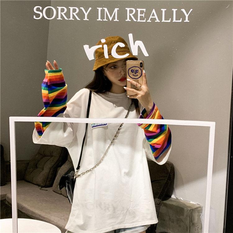 Spring Autumn Women Harajuku Long Sleeve Rainbow O-Neck T-Shirts  Casual Striped Femme Black Tops Pullover