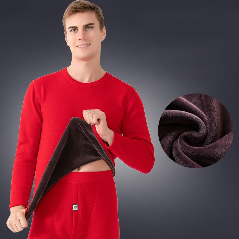 Men Winter Autumn Plus Velvet Thicken Thermal Underwear Tight Suit High Elasticity Wearable Comfortable Soft Lining O-neck Male Pajamas Long Sleeve