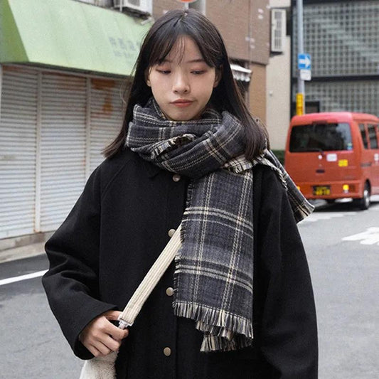 Winter Imitation Cashmere Scarf Korean Fashion Fringed Plaid Scarf Women's Dual-use Lengthened Thick Shawl Scarf