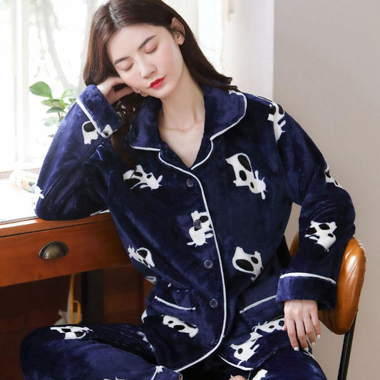 Pajamas Autumn Female Flannel Fabric Skin-friendly Soft Thickening Suit Spring Autumn Winter Cardigan Coral Fleece Cute Home Service