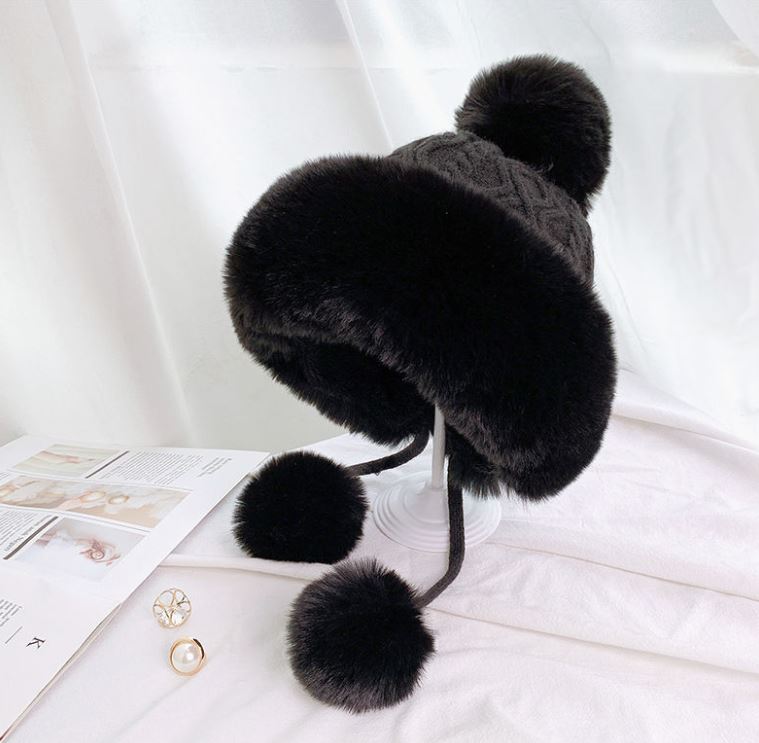 Winter Imitation Rabbit Fur Hat Women's Knitted Plush Wool Beanie Sweet and Cute Ear Protection Warm Hat