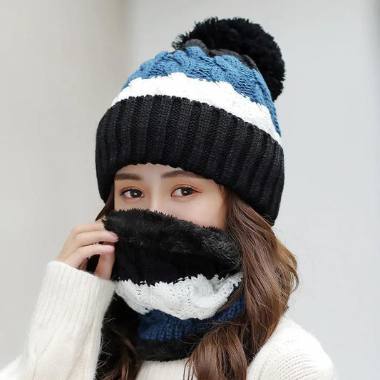 Women's Winter Knitted Hat Korean Style Woolen Cap Plus Velvet Fur Ball Warm Hat Cotton Cap Cycling Cold Proof Cap with Scarf Neck Protection