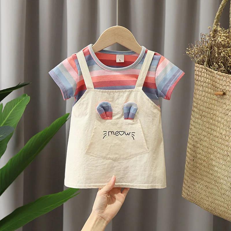 Children Dress Spring Summer O-neck Kids Clothing  Baby Girls Clothing Printing Short Sleeve Fake Two Dress Girl