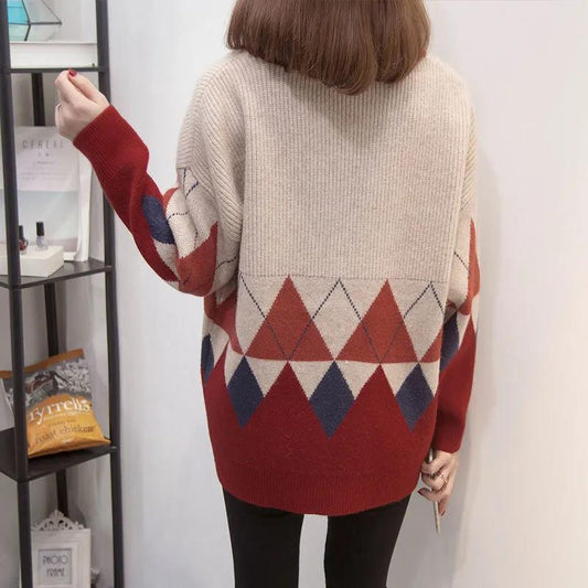 Knitted Cardigan Women's Autumn and Winter V-neck Loose and Lazy Style Color Matching Thickened Sweater Coat