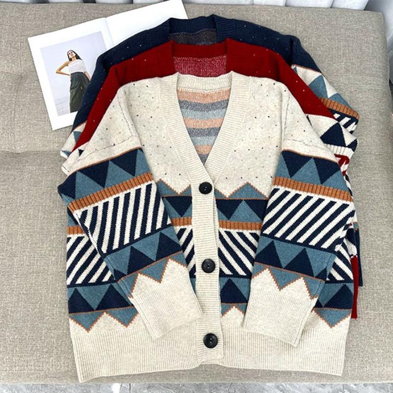 2021 Spring and Autumn Sweater Cardigan Jacket Women's Knitwear Loose Outer Wear Color Blocking V-neck Top