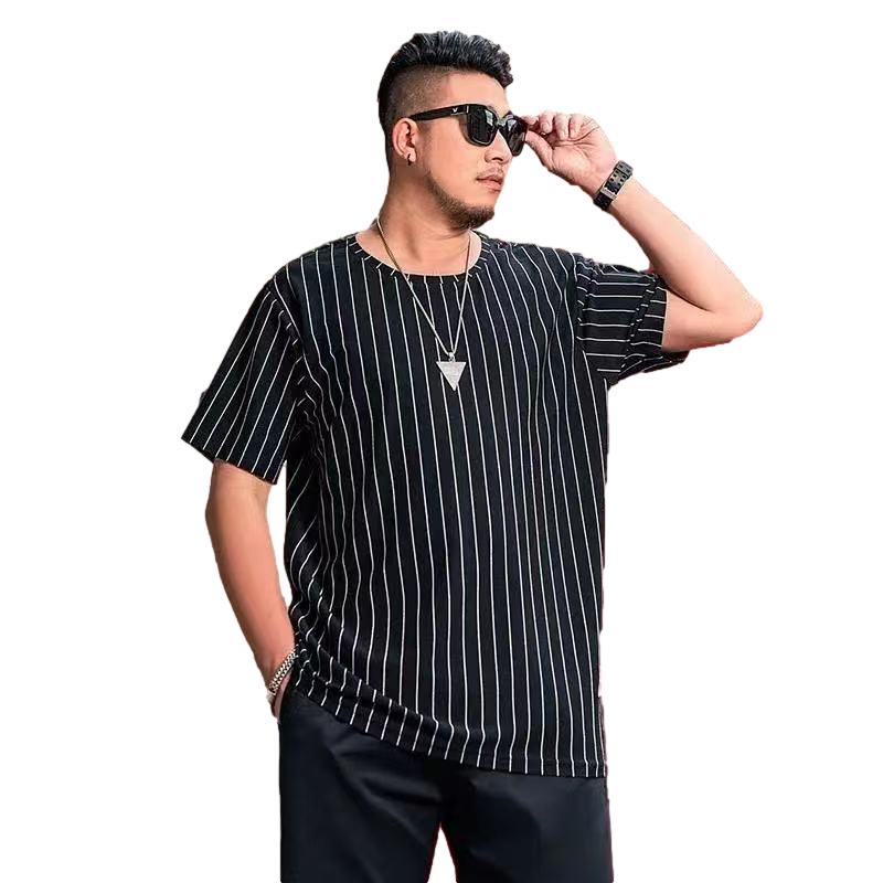 300 Catties Large Size Men's Fat Short-sleeved T-shirt Male Plus Fat To Increase Loose Fat Striped T-shirt