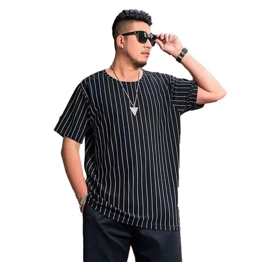 300 Catties Large Size Men's Fat Short-sleeved T-shirt Male Plus Fat To Increase Loose Fat Striped T-shirt