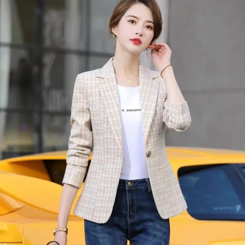 Ladies Long Sleeve Plaid Jacket Button Breasted Suit Jacket 2021 Autumn Temperament Casual Fashion Small Suit