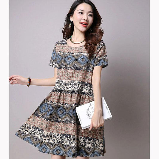 Summer Short-sleeved Dress Women's Retro Flower Printing Loose Plus Size Mid-length Base A-line Dress Round Neck Stitching Mid-length Skirt