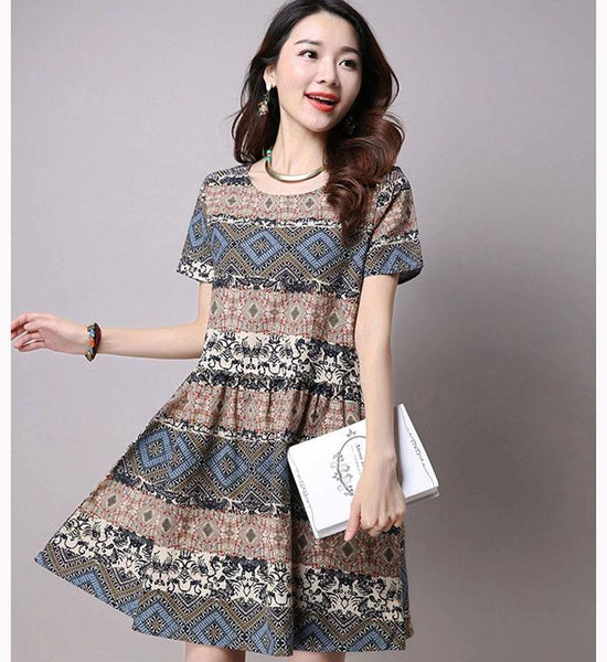 Summer Short-sleeved Dress Women's Retro Flower Printing Loose Plus Size Mid-length Base A-line Dress Round Neck Stitching Mid-length Skirt