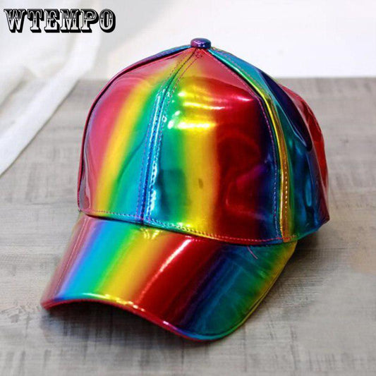 Women Men Color Gradient Shiny Metallic Laser Leather Snapback Baseball Caps