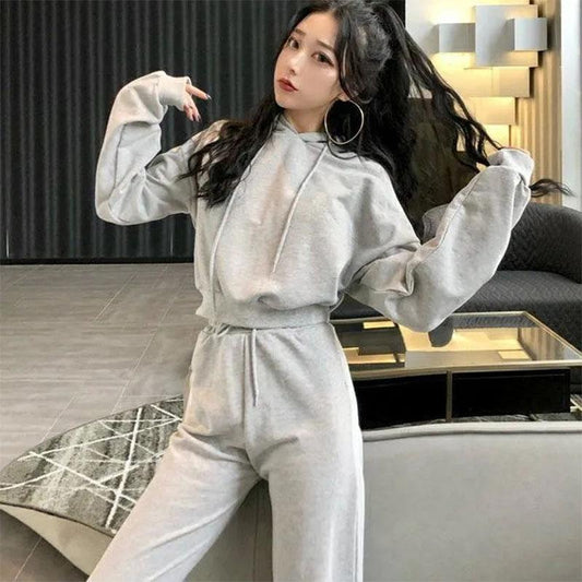 2PCS Women's Spring/Summer Casual Suit Long Sleeve Short Hooded Sweater + Loose Thin Elastic High Waist Wide Leg Pants Ladies Two-piece Sports Suit