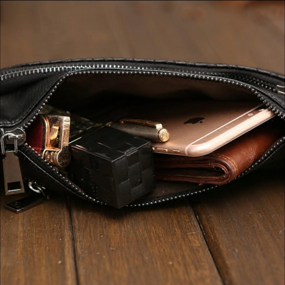 Casual Waist Bag Men Black Woven Chest Bag Mobile Phone Bag Outdoor Sports Shoulder Bag